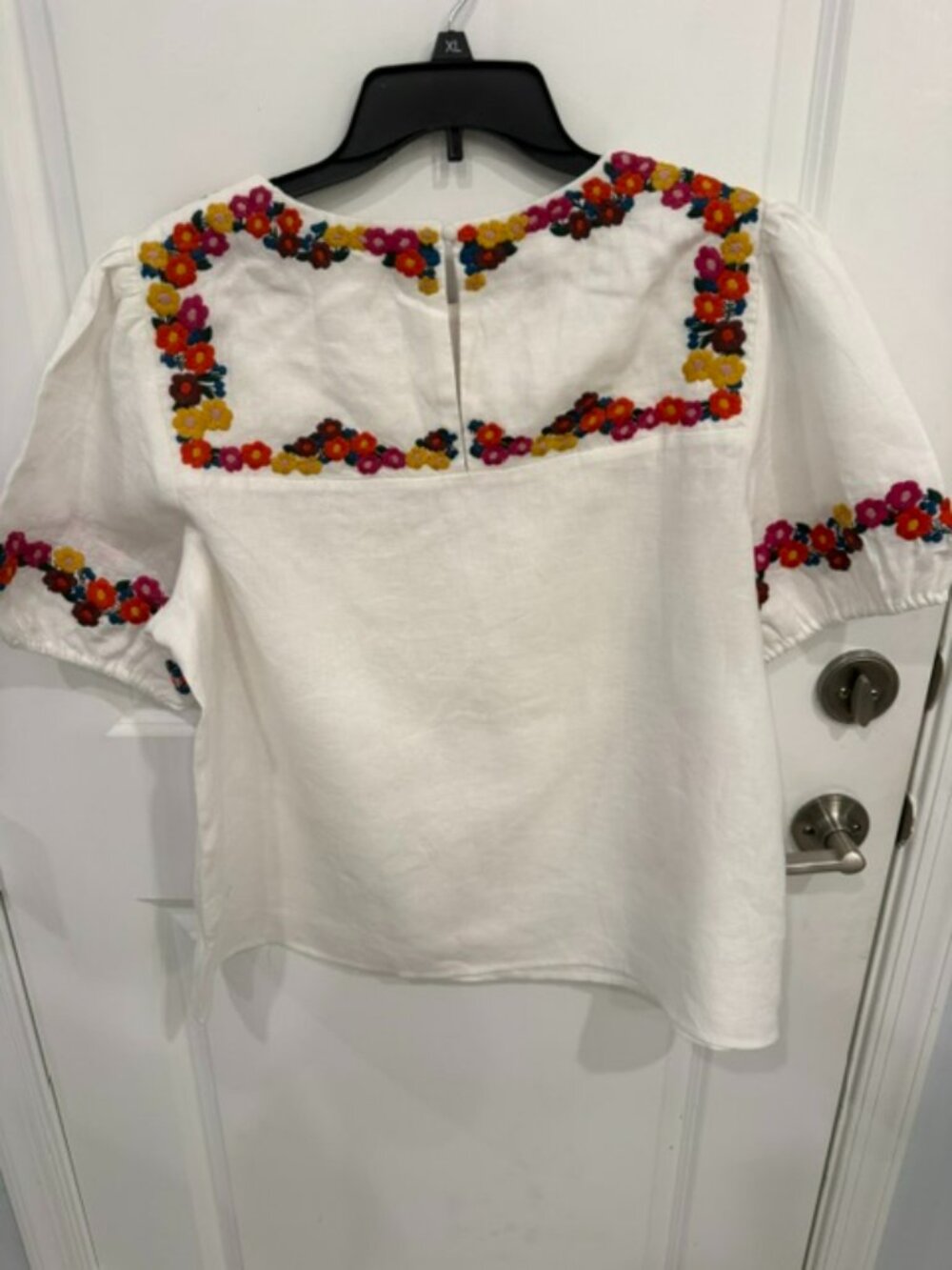 Boden White Multi-Color Floral Embroidered Puff Sleeve Linen Blouse - Picture 3 of 6